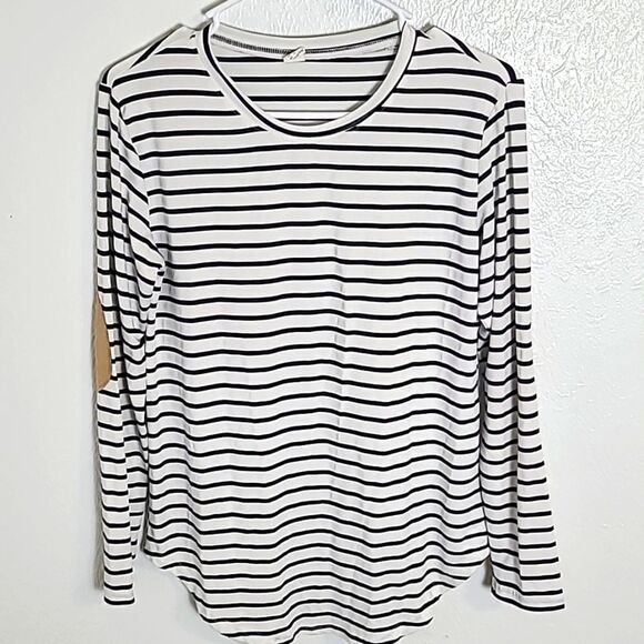 Pullover White Jersey Top with Navy Stripes & Tan Elbow Patches,  Size Small - Picture 1 of 6
